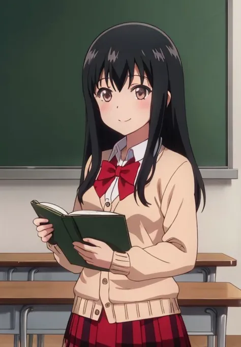 <lora:GabrielDropOut:0.6>, GabrielDropOut, Machiko, solo, looking at viewer, smile, skirt, shirt, long sleeves, bow, holding, closed mouth, school uniform, standing, white shirt, upper body, cowboy shot, pleated skirt, collared shirt, indoors, bowtie, red bow, sweater, plaid, red skirt, plaid skirt, cardigan, red bowtie, paper, classroom, chalkboard, notebook, anime coloring