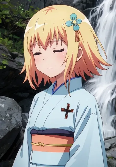 <lora:GabrielDropOut:0.6>, GabrielDropOut, Zeruel, solo, short hair, closed mouth, closed eyes, upper body, japanese clothes, kimono, water, blurry, parody, cross, facing viewer, close-up, head out of frame, style parody, aura, waterfall