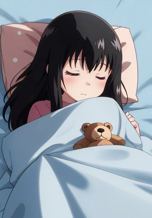 <lora:GabrielDropOut:0.6>, GabrielDropOut, Machiko, solo, monochrome, closed eyes, comic, lying, indoors, on back, pillow, no humans, bed, shadow, blue background, stuffed toy, sleeping, stuffed animal, polka dot, teddy bear, blue theme, blanket, silhouette, dark, under covers