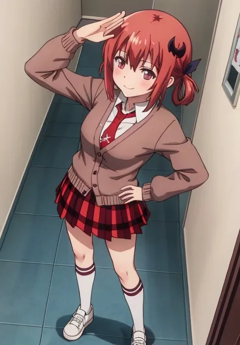 <lora:GabrielDropOut:0.6>, GabrielDropOut, Satanichia, solo, smile, skirt, shirt, red eyes, long sleeves, ribbon, closed mouth, school uniform, standing, full body, pleated skirt, necktie, shoes, socks, collared shirt, indoors, miniskirt, arm up, hand on hip, looking to the side, plaid, kneehighs, black shirt, red skirt, from above, plaid skirt, parody, white footwear, cardigan, cross, looking up, wing collar, red necktie, black socks, tiles, salute, smug, hand on own head, tile floor, uwabaki, cross hair ornament, hallway, shading eyes, doyagao, cross print, inverted cross