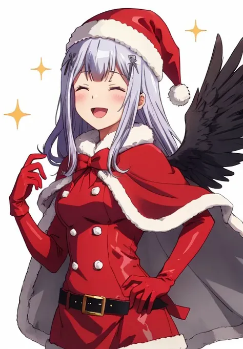 <lora:GabrielDropOut:0.6>, GabrielDropOut, Raphiel, solo, smile, open mouth, simple background, gloves, hat, white background, dress, standing, closed eyes, :d, grey hair, cowboy shot, wings, sleeveless, belt, fur trim, sparkle, capelet, floating hair, sleeveless dress, ^_^, red dress, feathers, christmas, red headwear, facing viewer, buckle, santa hat, red gloves, santa costume, black belt, belt buckle, fur-trimmed gloves, red capelet, fur-trimmed capelet, fur-trimmed dress, fur-trimmed headwear, white feathers, santa dress, santa gloves