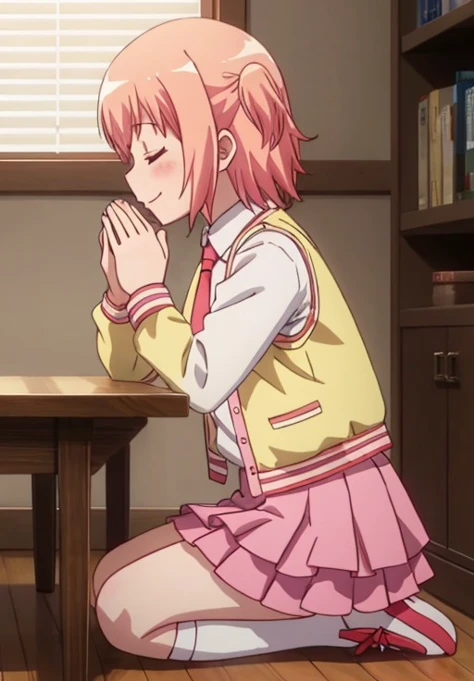 <lora:GabrielDropOut:0.6>, GabrielDropOut, Haniel, solo, smile, skirt, shirt, long sleeves, sitting, closed mouth, school uniform, jacket, full body, closed eyes, white shirt, pleated skirt, frills, open clothes, necktie, shoes, socks, collared shirt, indoors, miniskirt, vest, from side, open jacket, hands up, kneehighs, kneeling, profile, one side up, wariza, table, own hands together, frilled skirt, white socks, mary janes, seiza, pink skirt, yellow shirt, pink footwear, angel, own hands clasped, yellow jacket, layered skirt, praying