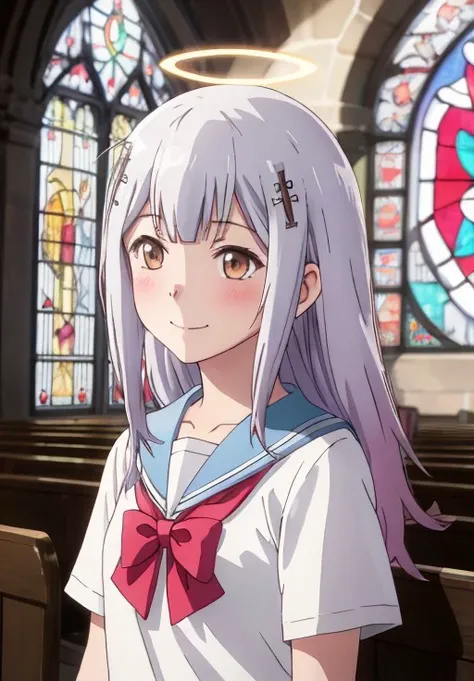 <lora:GabrielDropOut:0.6>, GabrielDropOut, Raphiel, solo, smile, shirt, bow, brown eyes, closed mouth, school uniform, collarbone, white shirt, upper body, white hair, short sleeves, grey hair, wings, serafuku, indoors, bowtie, sailor collar, blurry, window, depth of field, blurry background, halo, sunlight, cross, pink bow, blue sailor collar, red bowtie, feathered wings, angel wings, white wings, angel, stained glass, church