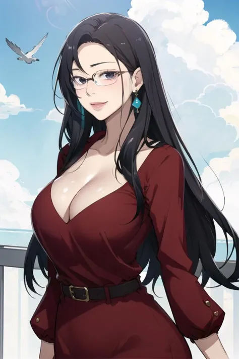 <lora:SeolHee_SC:0.7>Seoldef, black hair, black eyes, long hair,
blue sky, belt, earrings, day, solo, smile, glasses, sky, large breasts, dress, breasts, lips, cleavage, jewelry, 1girl, cloud, looking at viewer
masterpiece, best quality