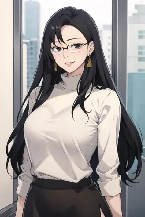 <lora:SeolHee_SC:0.7> seoldef, black hair, black eyes, long hair, glasses,
1girl, solo, looking at viewer, smile, white turtleneck shirt, gold earrings, black skirt, standing, upper body,
masterpiece, best quality