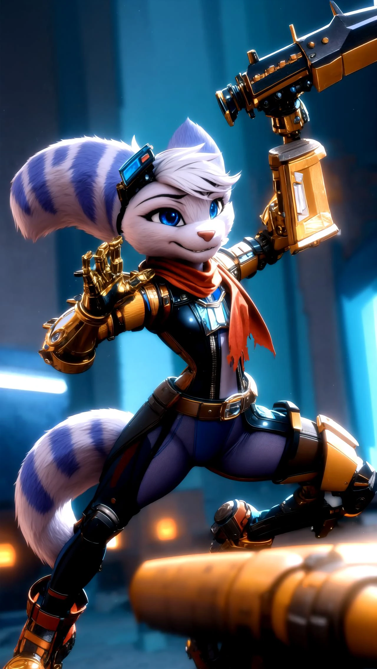 1girl, Rivet, furry, anthro, rivetlombax, mechanical arm, scarf, belt, tail, smirk <lora:Rivet:1> <lora:add_detail:0.5> BREAK,
torn clothes, <lora:clothing_explosion_lora01:1> BREAK,
dynamic pose, warhammer, <lyco:UnlimitedBladeWorks1.6:0.3>, masterpiece, best quality, hyperrealistic, extremely detailed, highly quality, 4k, sharp focus, professional photograph, sharp focus, award winning, cinematic lighting, octane render, unreal engine, volumetrics dtx, Wallpaper,