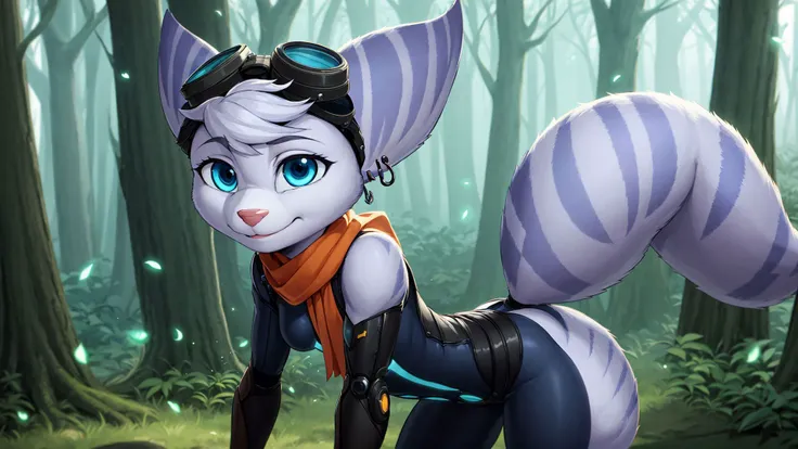 <lora:Rivet:1>,rivetlombax,furry,blue eyes,animal ears,earrings,goggles on head,bangs,mechanical arms,scarf,bodysuit,belt,tail,forest,forest background,smile,(solo),solo focus,fireflies,triadic lighting,sunbeam,dynamic angle,looking at viewer,tail attached to butt,dynamic pose,bent over,