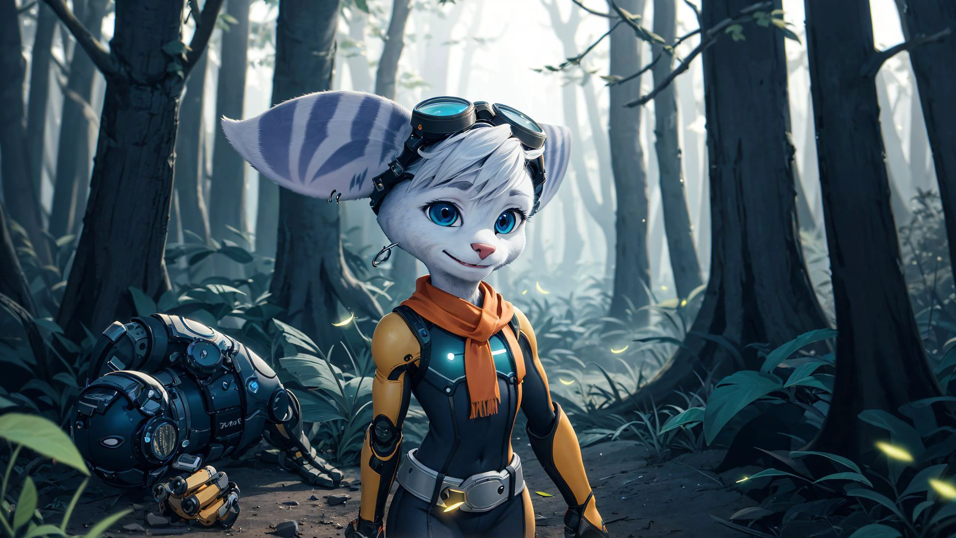 furry,rivetlombax,blue eyes,animal ears,earrings,goggles on head,bangs,mechanical arms,scarf,bodysuit,belt,tail,forest,forest background,smile,<lora:Rivet:0.95>,(solo),solo focus,fireflies,triadic lighting,sunbeam,(on side),