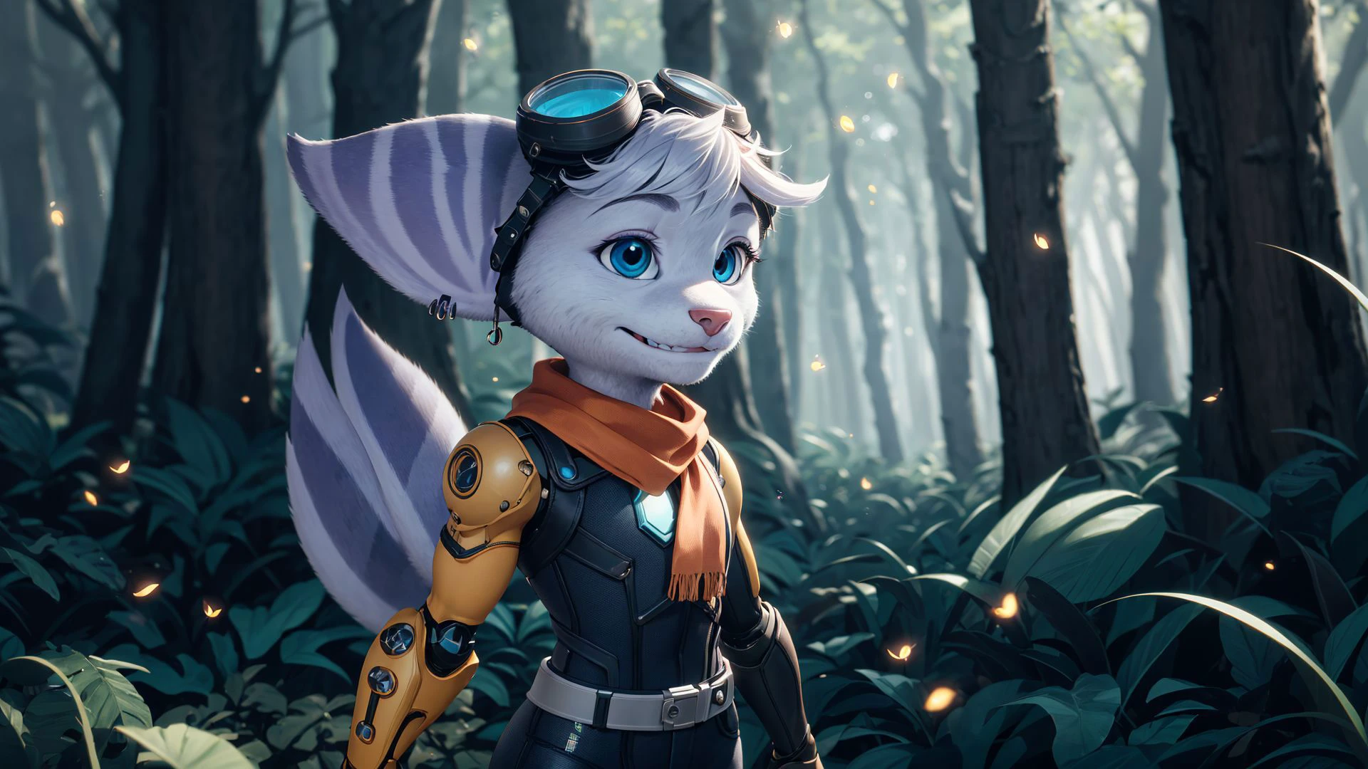 furry,rivetlombax,blue eyes,animal ears,earrings,goggles on head,bangs,mechanical arms,scarf,bodysuit,belt,tail,forest,forest background,smile,<lora:Rivet:0.95>,(solo),solo focus,fireflies,triadic lighting,sunbeam,(on side),