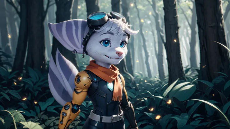 furry,rivetlombax,blue eyes,animal ears,earrings,goggles on head,bangs,mechanical arms,scarf,bodysuit,belt,tail,forest,forest background,smile,<lora:Rivet:0.95>,(solo),solo focus,fireflies,triadic lighting,sunbeam,(on side),