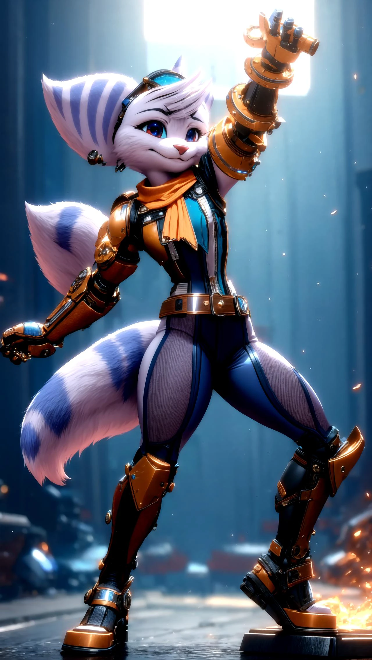 1girl, Rivet, furry, anthro, rivetlombax, mechanical arm, scarf, belt, tail, smirk <lora:Rivet:1> <lora:add_detail:0.5> BREAK,
torn clothes, <lora:clothing_explosion_lora01:1> BREAK,
dynamic pose, warhammer, <lyco:UnlimitedBladeWorks1.6:0.3>, masterpiece, best quality, hyperrealistic, extremely detailed, highly quality, 4k, sharp focus, professional photograph, sharp focus, award winning, cinematic lighting, octane render, unreal engine, volumetrics dtx, Wallpaper,
