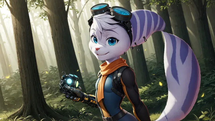 <lora:Rivet:1>,rivetlombax,furry,blue eyes,animal ears,earrings,goggles on head,bangs,mechanical arms,scarf,bodysuit,belt,tail,forest,forest background,smile,(solo),solo focus,fireflies,triadic lighting,sunbeam,dynamic angle,looking at viewer,tail behind back,