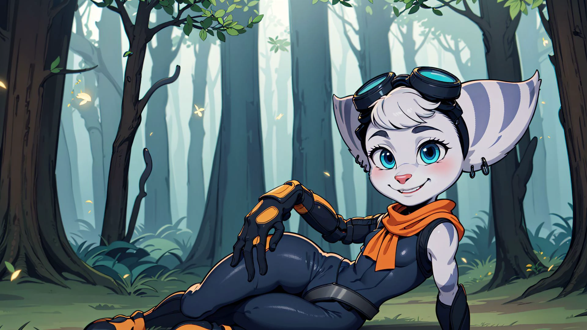 furry,rivetlombax,blue eyes,animal ears,earrings,goggles on head,bangs,mechanical arms,scarf,bodysuit,belt,tail,forest,forest background,smile,<lora:Rivet:0.95>,solo,solo focus,fireflies,triadic lighting,sunbeam,on side,