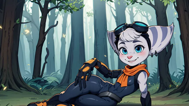 furry,rivetlombax,blue eyes,animal ears,earrings,goggles on head,bangs,mechanical arms,scarf,bodysuit,belt,tail,forest,forest background,smile,<lora:Rivet:0.95>,solo,solo focus,fireflies,triadic lighting,sunbeam,on side,