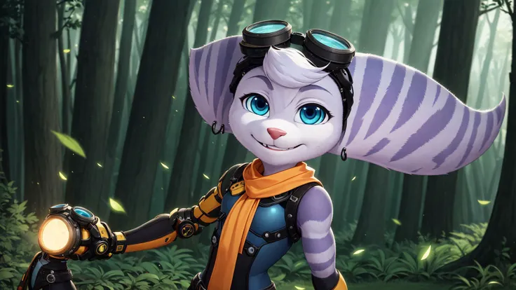 <lora:Rivet:1>,rivetlombax,furry,blue eyes,animal ears,earrings,goggles on head,bangs,mechanical arms,scarf,bodysuit,belt,tail,forest,forest background,smile,(solo),solo focus,fireflies,triadic lighting,sunbeam,dynamic angle,looking at viewer,tail behind back,