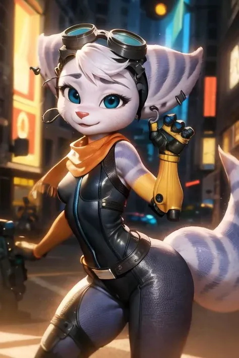 furry, rivetlombax, blue eyes, animal ears, earrings, goggles on head, bangs, mechanical arms, scarf, bodysuit, belt, tail, city <lora:Rivet:0.95>