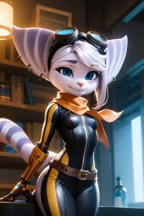 1girl, furry, rivetlombax, blue eyes, animal ears, earrings, goggles on head, bangs, mechanical arms, scarf, bodysuit, belt, tail, steampunk <lora:Rivet:0.9>