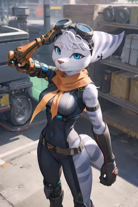 1girl, furry, rivetlombax, blue eyes, animal ears, earrings, goggles on head, bangs, mechanical arms, scarf, bodysuit, belt, tail, steampunk <lora:Rivet:0.95>