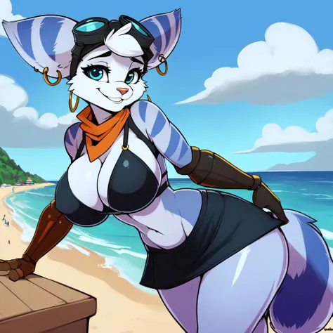 furry, rivetlombax, blue eyes, animal ears, earrings, goggles on head, bangs, mechanical arms, scarf tail, smile, <lora:Rivet:0.95> large breasts, by usnarbit, by inu-sama, by wolfy-nail, detailed fur, wide hips, (she has fine breasts), bikini, outside beach, bikini skirt, beach, sunny, shiny fur, detailed fur, 1girl, solo,