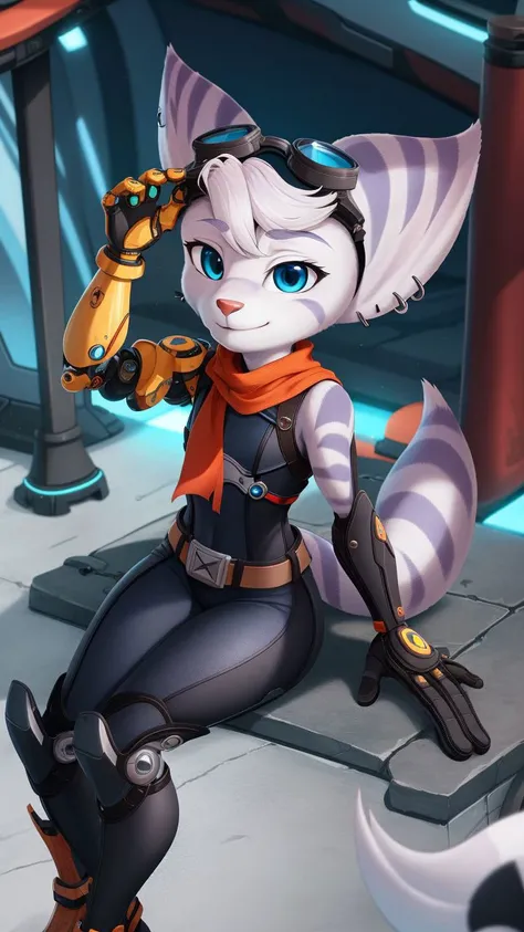 furry,rivetlombax,blue eyes,animal ears,earrings,goggles on head,bangs,mechanical arms,scarf,bodysuit,belt,tail,forest,smile,<lora:Rivet:0.95>,