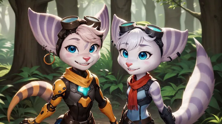 furry,rivetlombax,blue eyes,animal ears,earrings,goggles on head,bangs,mechanical arms,scarf,bodysuit,belt,tail,forest,smile,<lora:Rivet:0.95>,