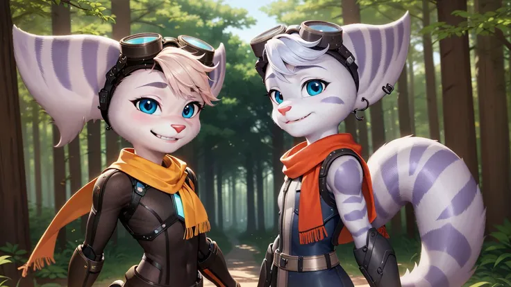 furry,rivetlombax,blue eyes,animal ears,earrings,goggles on head,bangs,mechanical arms,scarf,bodysuit,belt,tail,forest,smile,<lora:Rivet:0.95>,