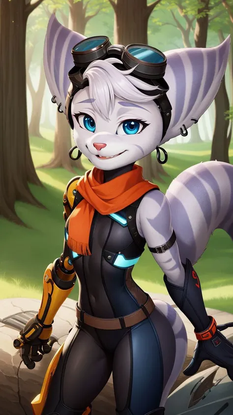 furry,rivetlombax,blue eyes,animal ears,earrings,goggles on head,bangs,mechanical arms,scarf,bodysuit,belt,tail,forest,smile,<lora:Rivet:0.95>,