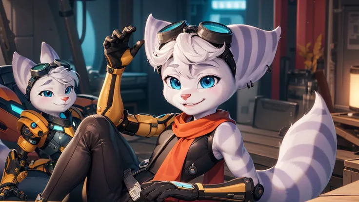 furry,rivetlombax,blue eyes,animal ears,earrings,goggles on head,bangs,mechanical arms,scarf,bodysuit,belt,tail,forest,smile,<lora:Rivet:0.95>,