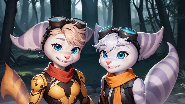 furry,rivetlombax,blue eyes,animal ears,earrings,goggles on head,bangs,mechanical arms,scarf,bodysuit,belt,tail,forest,smile,<lora:Rivet:0.95>,
