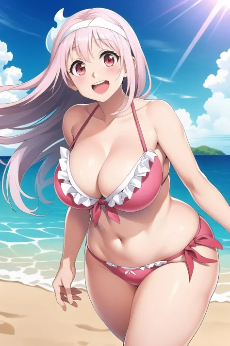 <lora:yuunav1:0.6>, white hair, red eyes, long hair, ghost, ghost girl, triangular headband, japanese clothing, yukata, red yukata, smile, looking at viewer, huge breasts, high detailed skin, detailed eyes, beach, day, clouds, blue sky, trees, breasts, cleavage, beach, blush, outdoors, day, smile, huge breasts, navel, ocean, open mouth, large breasts, water, pink bikini, frilly bikini, pink underwear, frilly underwear
