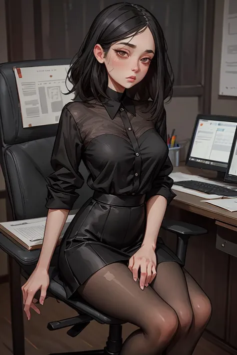 (masterpiece, best quality), a young black haired girl office secretary dressed in a transparent white blouse and black office skirt and black pantyhose ,sitting in an office chair, holding pencil, (detailed skin:1.3),(detailed eyes), (sharp focus),