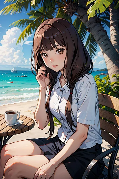 <lora:kslw_iino:1>,kslw_iino,sitting,chair,coffee,outdoors,sea,sunlight,light rays,