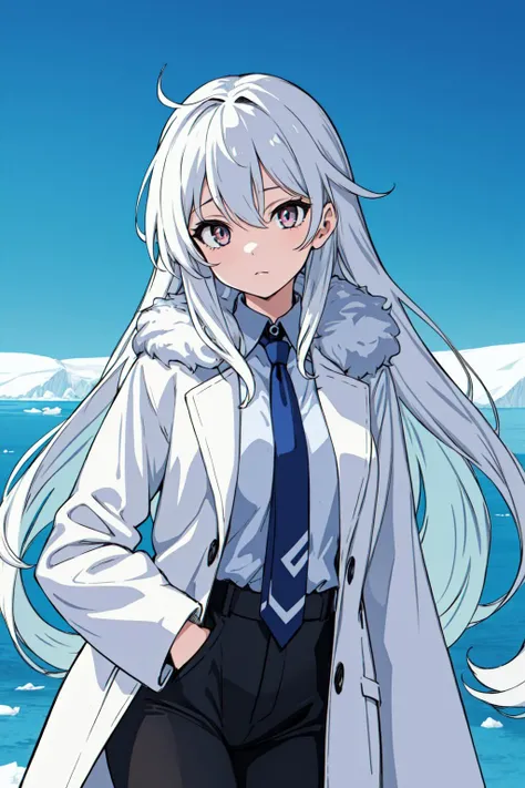 masterpiece,best quality, 1girl, antarctic, ice sheet, long white hair, silver eyes, fur coat, tie