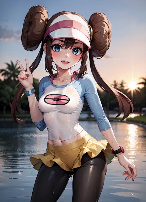 ((best quality)), ((highly detailed)), , (1girl), solo, dynamic pose, <lora:PKMN_Rosa-DEF:.7>, rosa (pokemon), long hair, hair buns, blue eyes, medium breasts, smiling, visor, raglan sleeves, bracelet, yellow skirt, leggings, sneakers, (outside, at a pond, <lora:WetHair:.5>, wet hair, sunset)