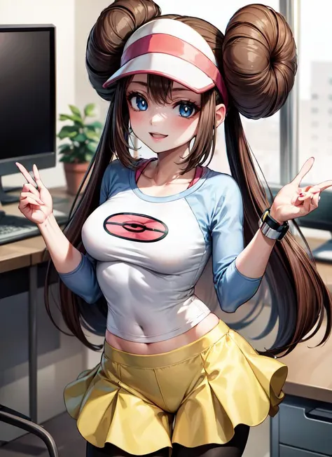 ((best quality)), ((highly detailed)), masterpiece, , <lora:more_details:.6>, (1girl), solo, Forced Perspective, cowboy shot, wide shot, <lora:PKMN_Rosa-DEF:.75>, rosa (pokemon), long hair, hair buns, blue eyes, medium breasts, smiling, visor, raglan sleeves, bracelet, yellow skirt, leggings, sneakers, (inside, at an office, desk)