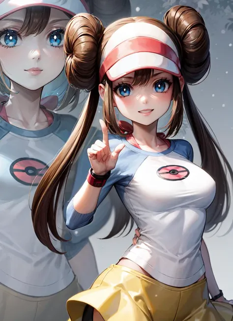 ((best quality)), ((highly detailed)), masterpiece, , <lora:more_details:.3>, (1girl), solo, <lora:ZoomLayer:1>, IncrsZmLayer, zoom layer, dynamic pose, upper body, <lora:hairdetailer:.6>, <lora:PKMN_Rosa-DEF:.7>, rosa (pokemon), long hair, hair buns, blue eyes, medium breasts, smiling, visor, raglan sleeves, bracelet, yellow skirt, leggings, sneakers, (outside, in a dense forest, path, forest canopy, midday, snowing)