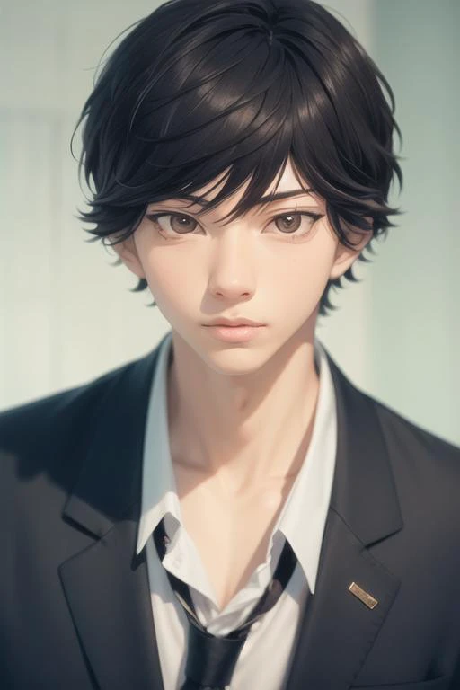masterpiece, best quality, high quality, 1boy, solo, male focus, looking at viewer, upper body, <lora:mabuchi_kou:0.74>, mabuchi_kou, black hair, brown eyes, , , ,