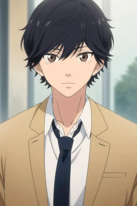 masterpiece, best quality, high quality, 1boy, solo, male focus, looking at viewer, upper body, <lora:mabuchi_kou:0.76>, mabuchi_kou, black hair, brown eyes, school uniform, , jacket, necktie