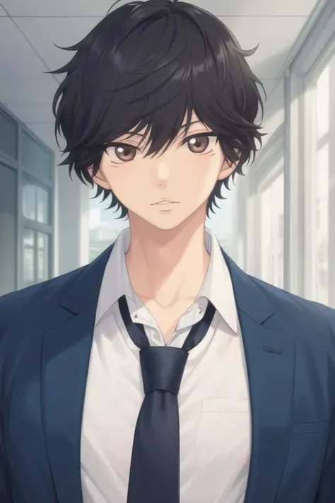 masterpiece, best quality, high quality, 1boy, solo, male focus, looking at viewer, upper body, <lora:mabuchi_kou:0.82>, mabuchi_kou, black hair, brown eyes, , , , necktie