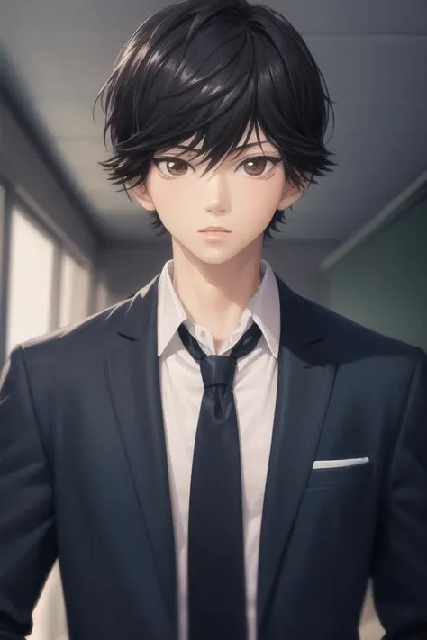 masterpiece, best quality, high quality, 1boy, solo, male focus, looking at viewer, upper body, <lora:mabuchi_kou:0.74>, mabuchi_kou, black hair, brown eyes, school uniform, shirt, jacket, necktie