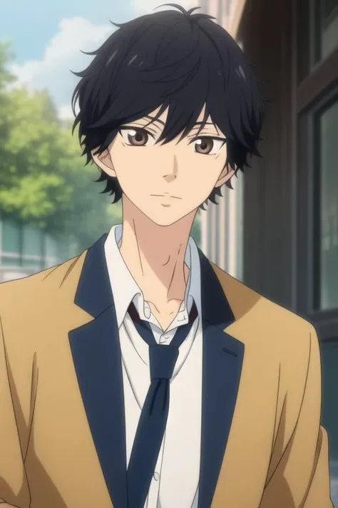 masterpiece, best quality, high quality, 1boy, solo, male focus, looking at viewer, upper body, <lora:mabuchi_kou:0.78>, mabuchi_kou, black hair, brown eyes, school uniform, , jacket,
