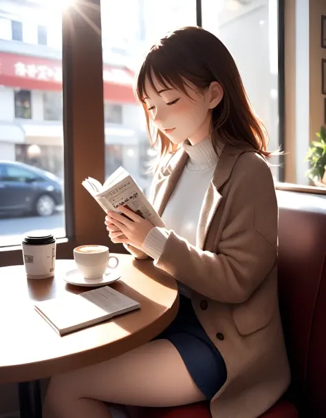 Photo of a young woman sitting in a cozy caf, holding a copy of "Nikkei Shimbun" while sipping a cup of coffee. The girl is wearing a stylish outfit and looks engaged in the articles, with sunlight streaming in through the window behind her creating a warm and inviting atmosphere.