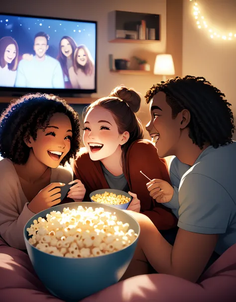 Photo of a diverse group of friends laughing and enjoying a movie night, with popcorn and snacks scattered around. The room is dimly lit with fairy lights and the TV screen reflects the captivating glow on their happy faces, creating a warm and cozy atmosphere.