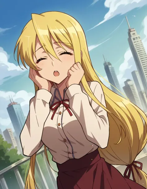 score_9, score_8_up, score_7_up, source_anime,
shizukamarikawa, <lora:shizuka-marikawa-ponyxl-lora-nochekaiser:1>,
shizuka marikawa, long hair, blonde hair, very long hair, low-tied long hair, closed eyes, hair between eyes, hand on own cheek, open mouth,
skirt, shirt, long sleeves, ribbon, white shirt, frills, centered frills,
outdoors, cityscape,
looking at viewer, cowboy shot, dutch angle,