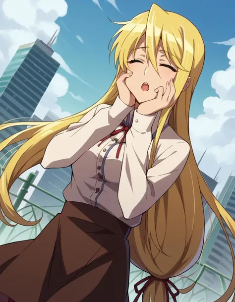 score_9, score_8_up, score_7_up, source_anime,
shizukamarikawa, <lora:shizuka-marikawa-ponyxl-lora-nochekaiser:1>,
shizuka marikawa, long hair, blonde hair, very long hair, low-tied long hair, closed eyes, hair between eyes, hand on own cheek, open mouth,
skirt, shirt, long sleeves, ribbon, white shirt, frills, centered frills,
outdoors, cityscape,
looking at viewer, cowboy shot, dutch angle,