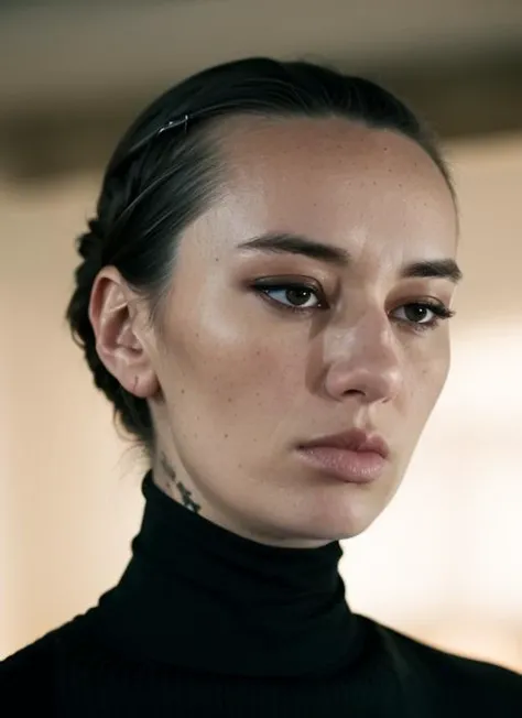 A stunning intricate color close up portrait of (sks woman:1) , wearing Turtleneck sweater and corduroy pants, epic character composition, sharp focus, natural lighting, subsurface scattering, f2, 35mm, film grain, , by William Eggleston, <lora:lora-small-cara-gee-v1:1>