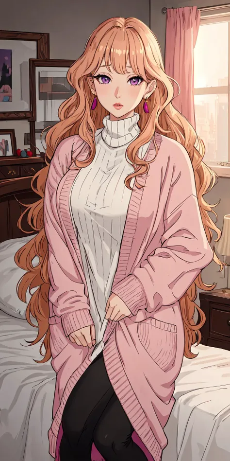 Oversized knit cardigan, leggings, Woman, Tall, Athletic, Triangular Face, Fair Skin, Strawberry Blonde Hair, purple Eyes, Straight Nose, Full Lips, Prominent Chin, Long Hair, Wavy Hair, Wavy Bob, natural breasts, Cuff earrings, pink matte lipstick, bedroom, spill light, warm light, <lora:epiNoiseoffset_v2Pynoise:2>