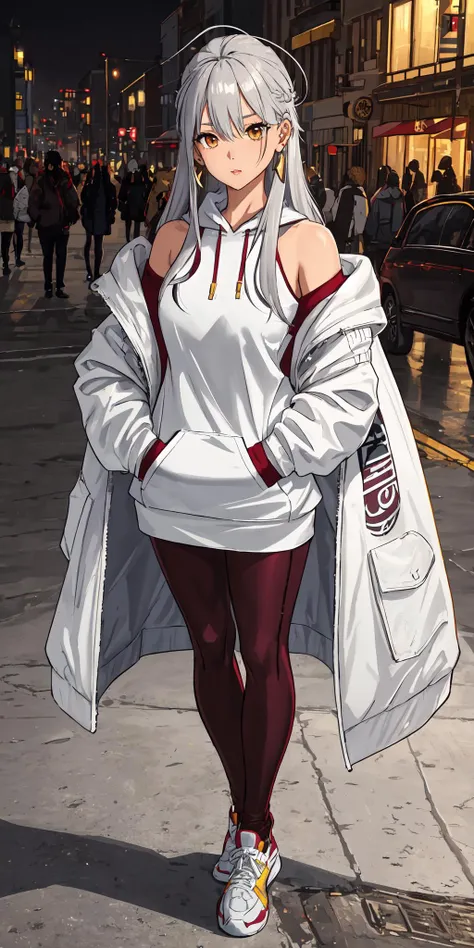 Fleece-lined leggings, oversized hoodie, Starlet, Average Height, Athletic, Square Face, Fair Skin, Silver Hair, gold Eyes, Straight Nose, Thin Lips, Round Chin, Shoulder-Length Hair, Thick Hair, Afro, augmented breasts, Stud earrings, burgundy metallic lipstick, Watching a movie, <lora:epiNoiseoffset_v2Pynoise:2>