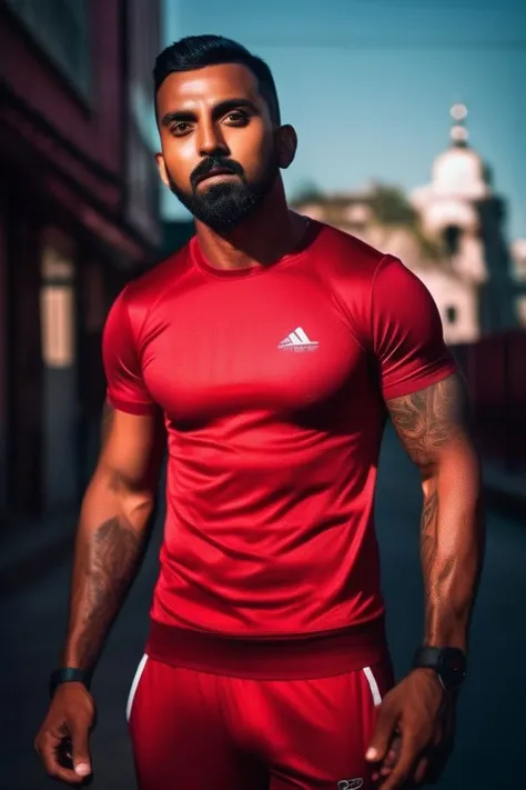 lowery david a man <lora:KL-Rahul_Lowery-David-000001:1>, realistic photo in a worn ((skin-revealing skimpy erotic red tracksuit, massive hairy pecs)), big pecs, big arms, bulge, VPL, ((light bokeh)), intricate, (steel metal [rust]), elegant, erotic, exuding sexual energy, homoerotic, sharp focus, photo by greg rutkowski, soft lighting, vibrant colors, (masterpiece), ((streets)), (detailed face), looking at viewer, light smile, night, walking towards viewer, cinematic lighting, beautiful lighting, cinematic lighting, (hazy filter, film grain:1.2)