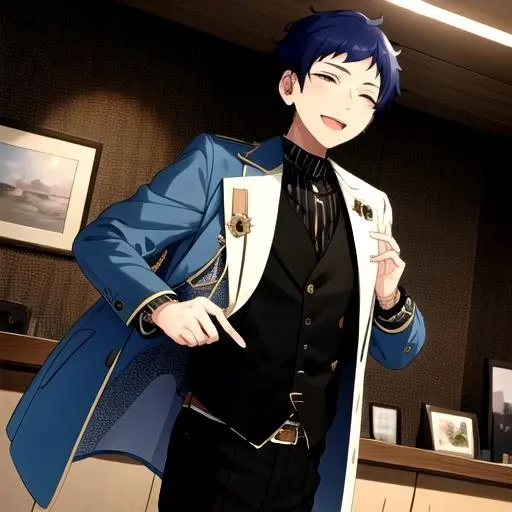 <lora:YuzuruES-04:1>, yuzuru_es, smile, open mouth, shirt, long sleeves, striped, collared shirt, belt, pants, vest, coat, black shirt, black pants, black vest